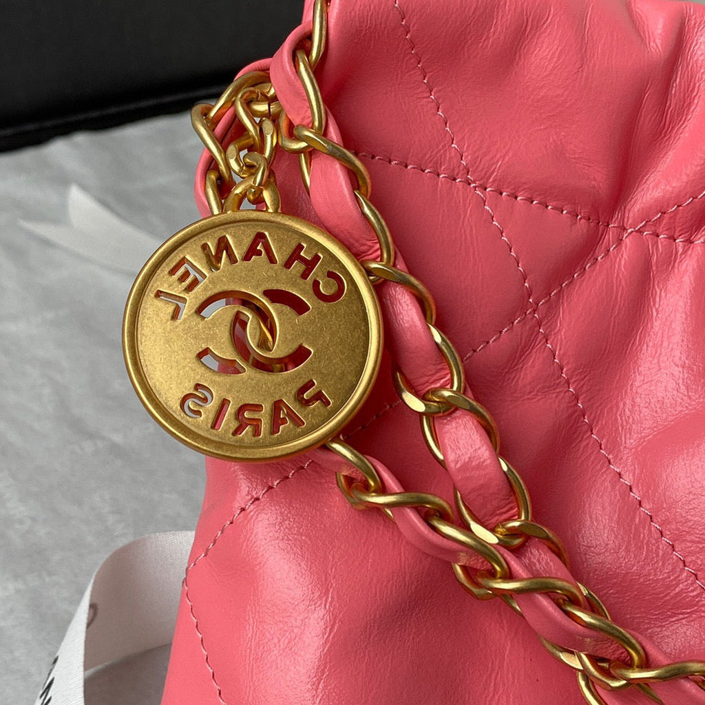 Chanel 22 Handbag AS3261 Shiny Calfskin Gold-Tone Metal Coral Pink