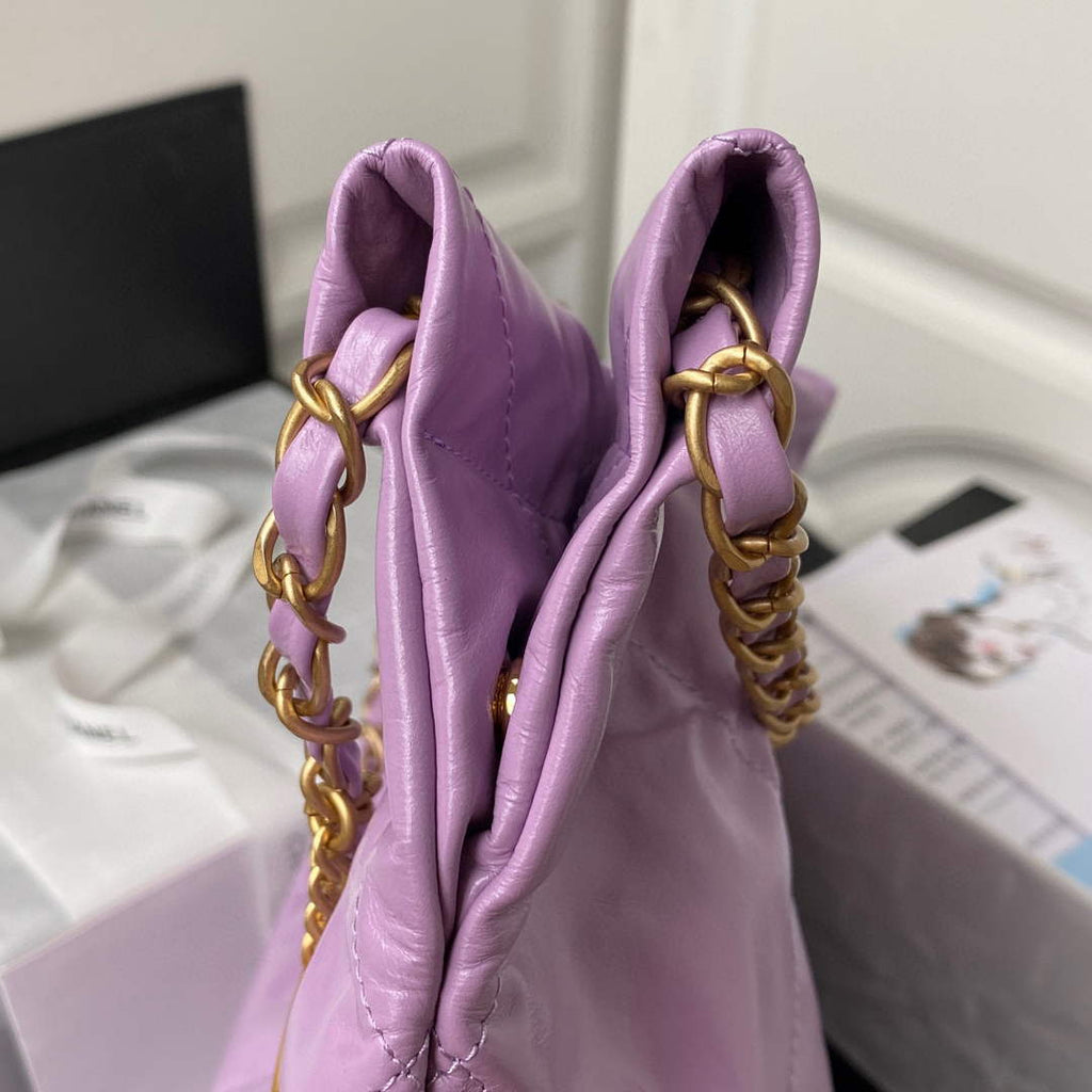 Chanel 22 Handbag AS3261 Shiny Calfskin Gold-Tone Metal Purple