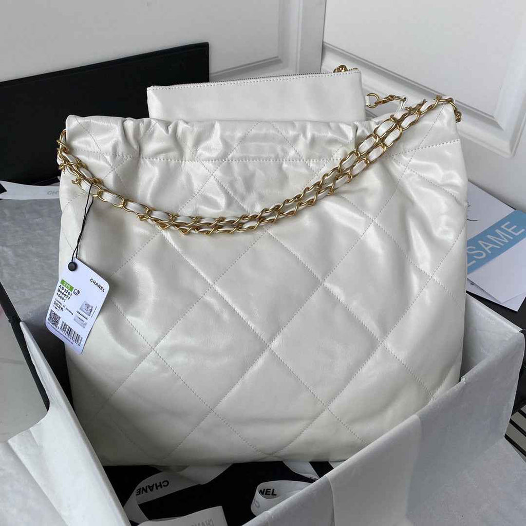 Chanel 22 Handbag AS3261 Shiny Calfskin Gold-Tone Metal White Logo Black
