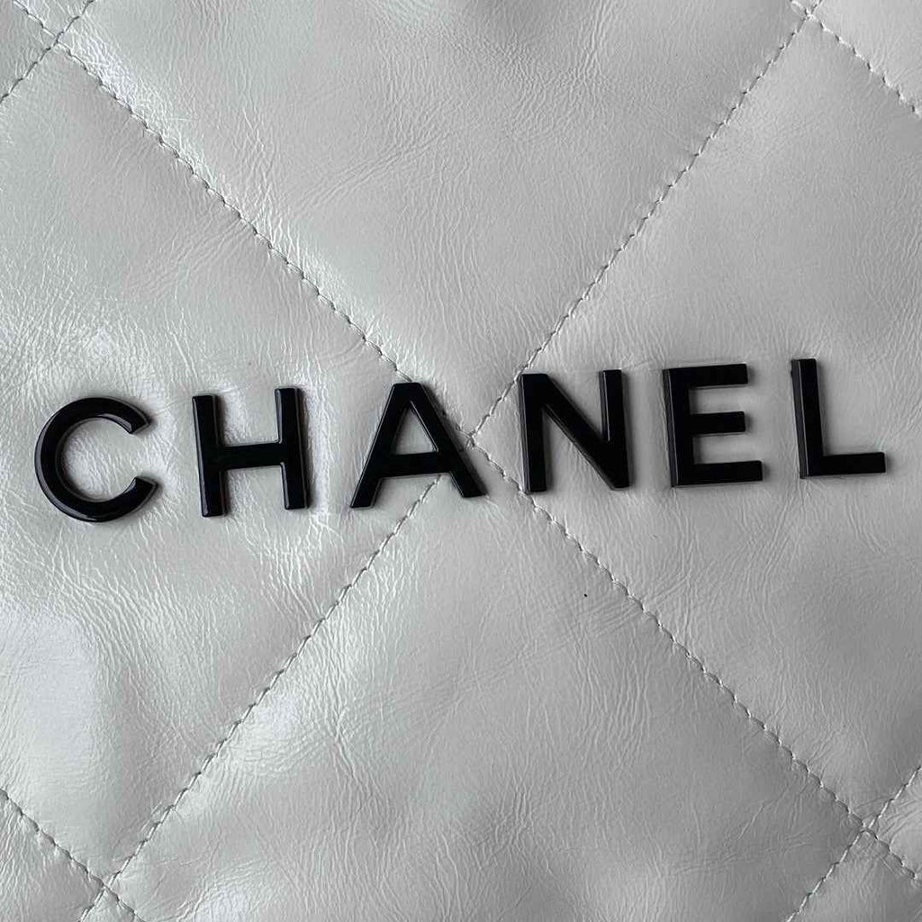 Chanel 22 Handbag AS3261 Shiny Calfskin Gold-Tone Metal White Logo Black