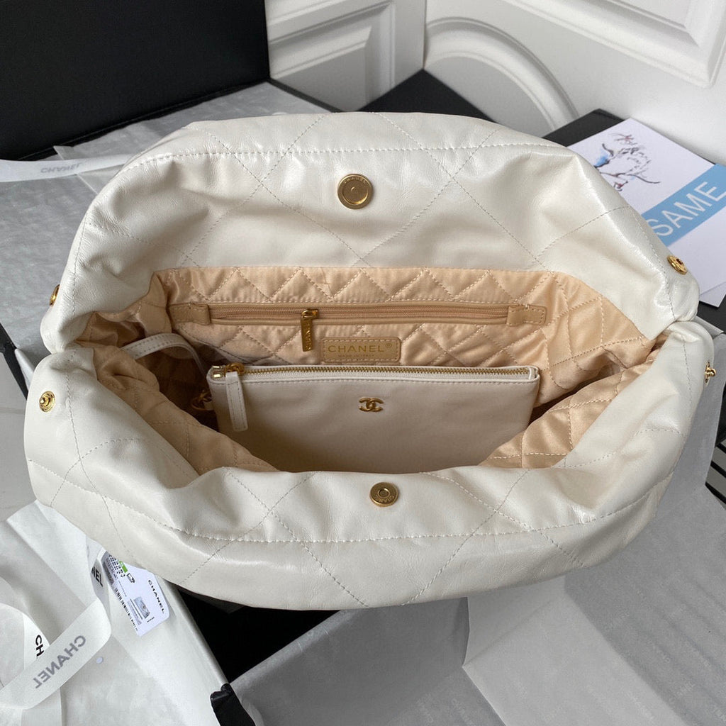 Chanel 22 Handbag AS3261 Shiny Calfskin Gold-Tone Metal White Logo Black