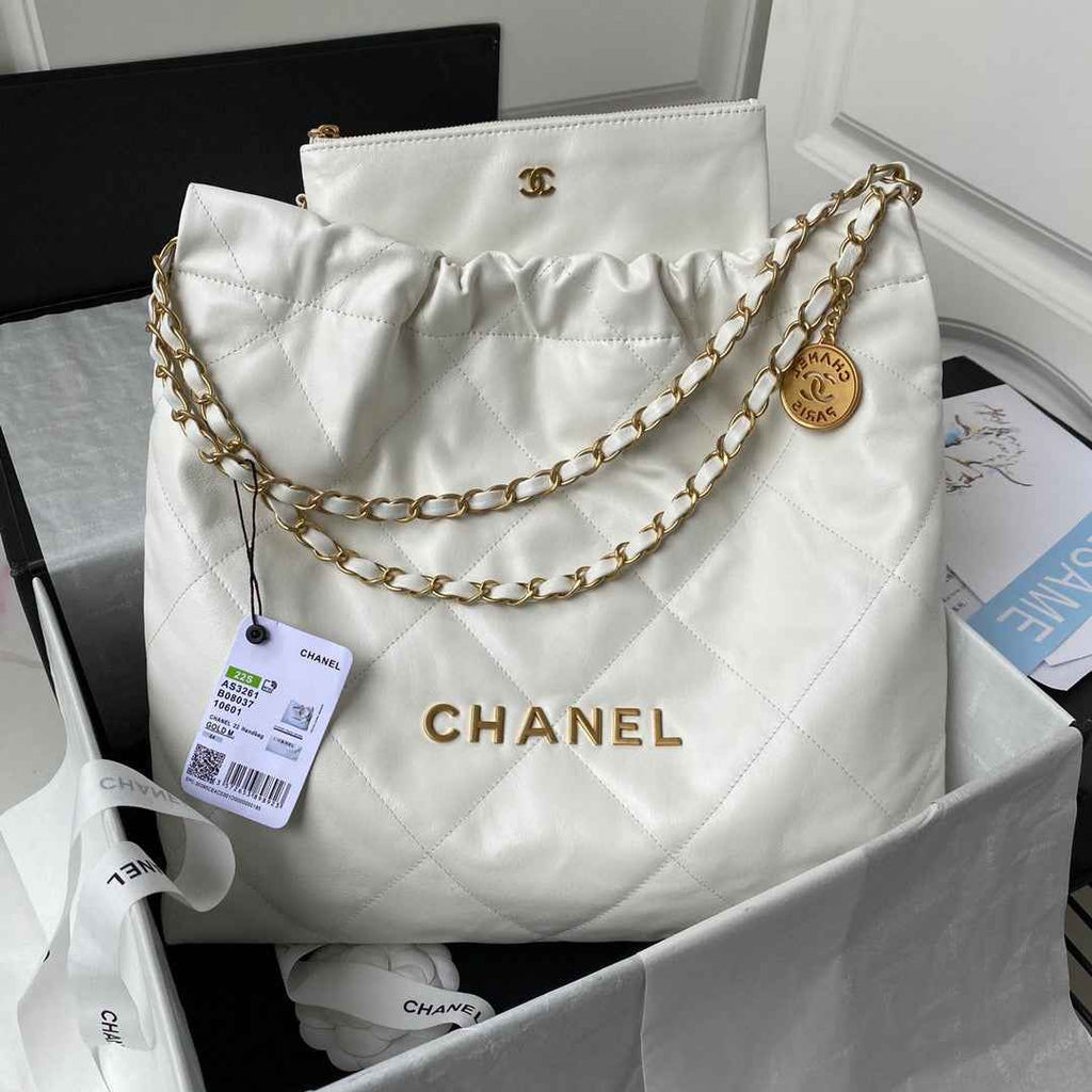 Chanel 22 Handbag AS3261 Shiny Calfskin Gold-Tone Metal White Logo Gold