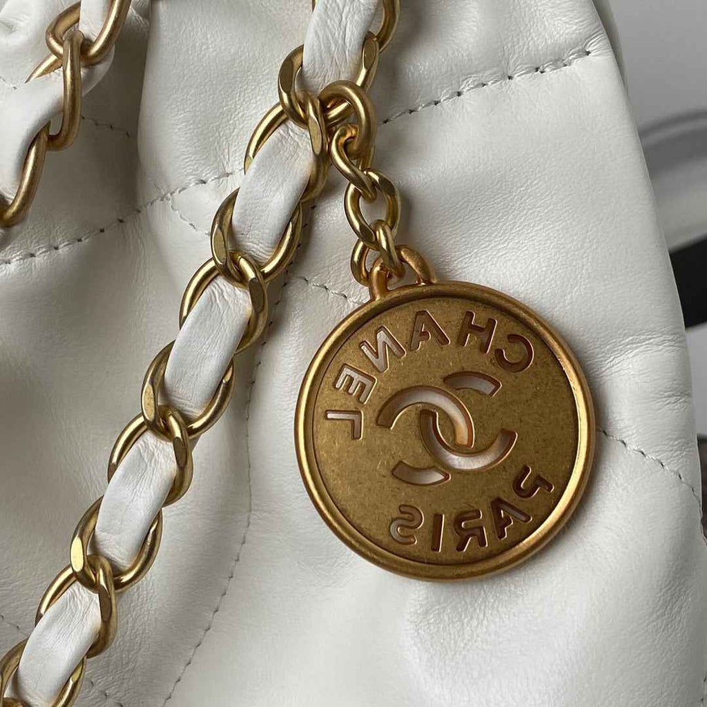Chanel 22 Handbag AS3261 Shiny Calfskin Gold-Tone Metal White Logo Gold