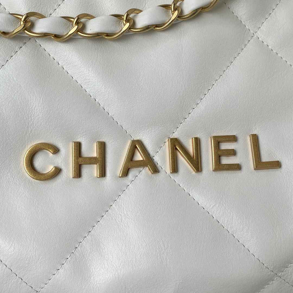 Chanel 22 Handbag AS3261 Shiny Calfskin Gold-Tone Metal White Logo Gold