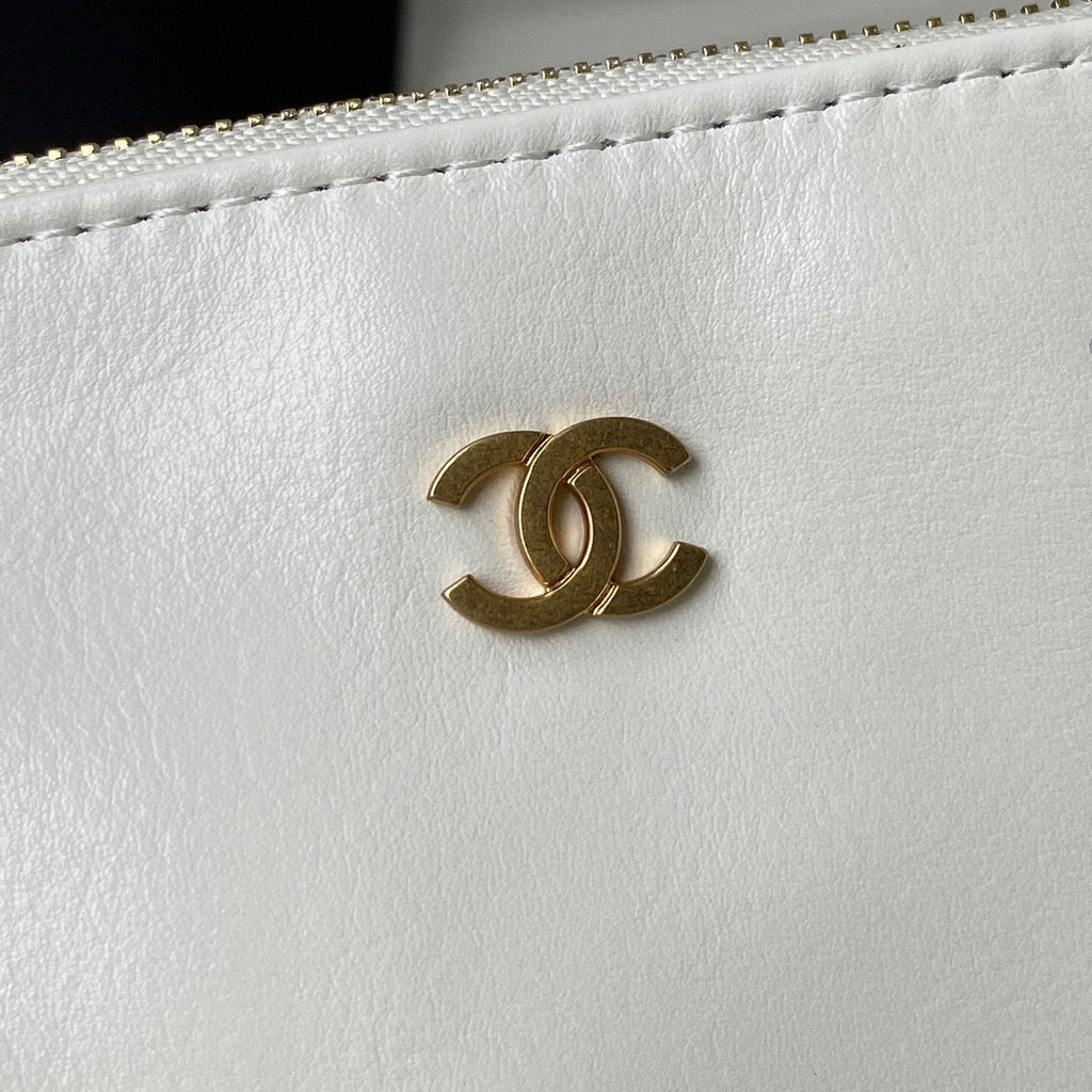 Chanel 22 Handbag AS3261 Shiny Calfskin Gold-Tone Metal White Logo Gold