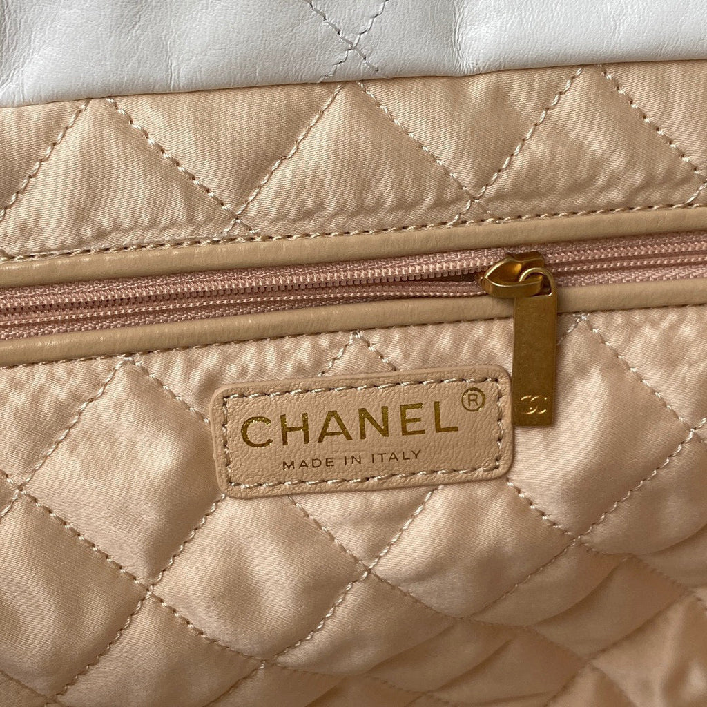 Chanel 22 Handbag AS3261 Shiny Calfskin Gold-Tone Metal White Logo Gold