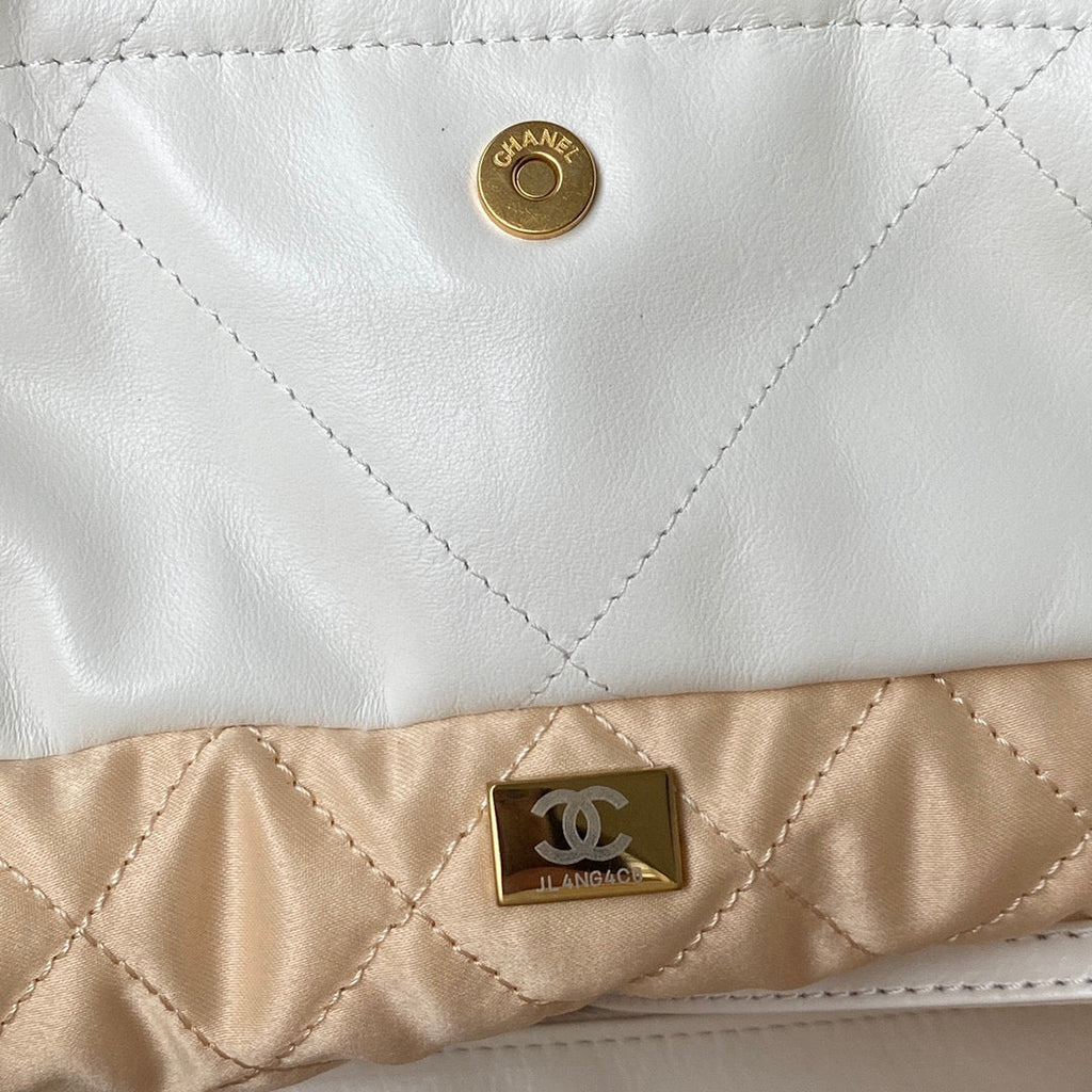 Chanel 22 Handbag AS3261 Shiny Calfskin Gold-Tone Metal White Logo Gold