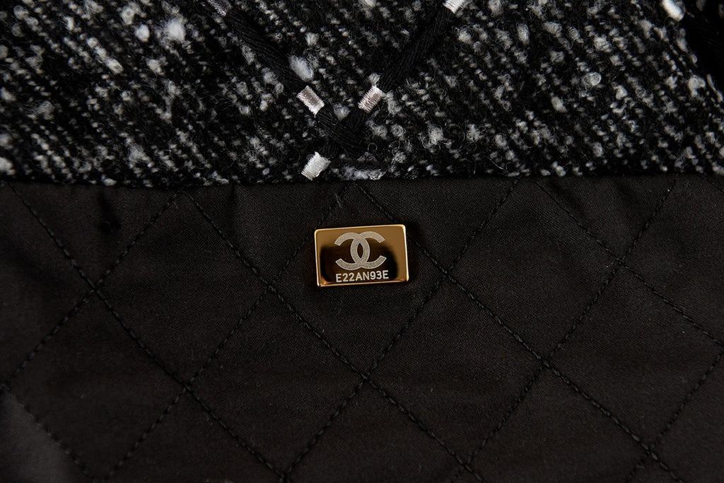 Chanel 22 Handbag AS3261 Tweed Gold Metal Black Burgundy