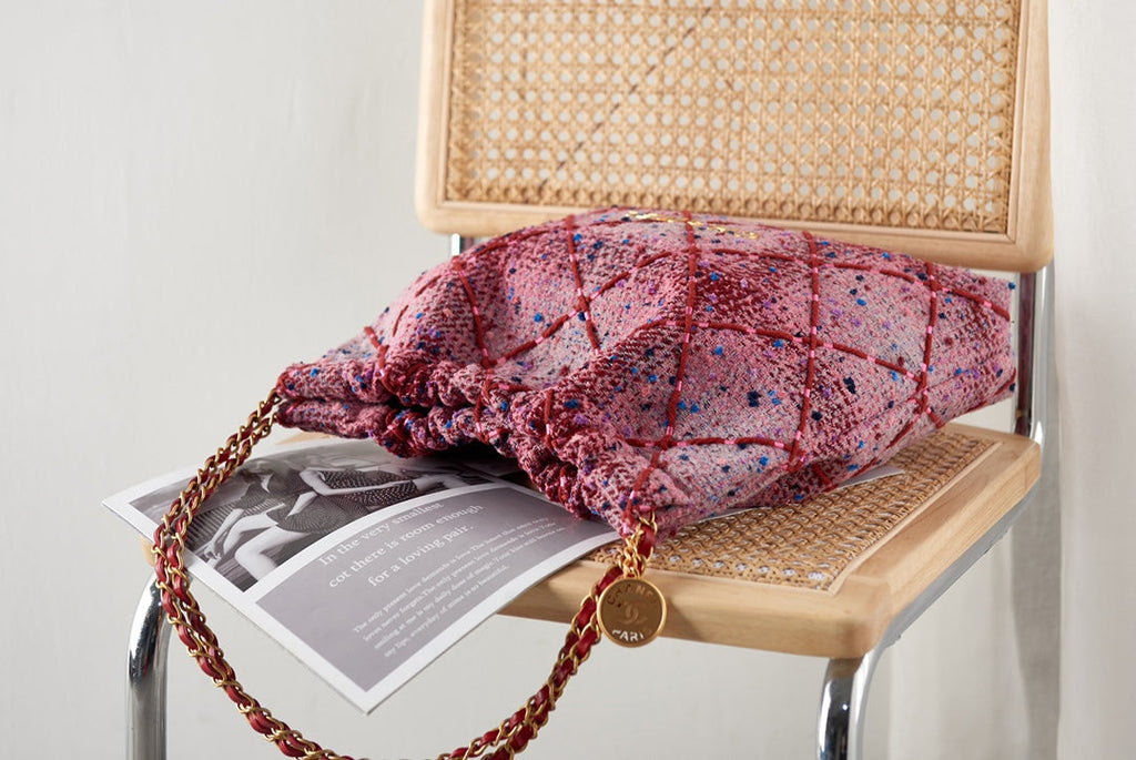 Chanel 22 Handbag AS3261 Tweed Gold Metal Pink Burgundy