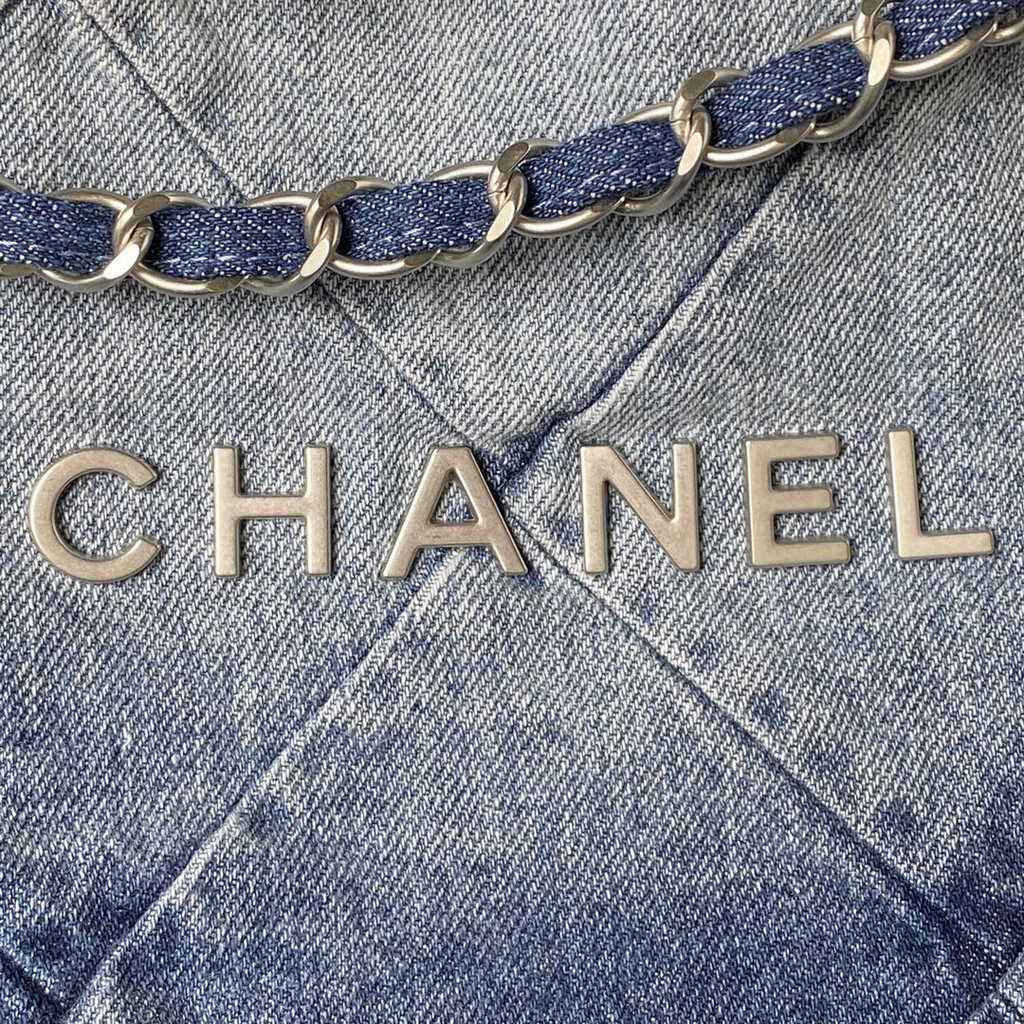 Chanel 22 Handbag AS3261 Washed Denim Light Blue