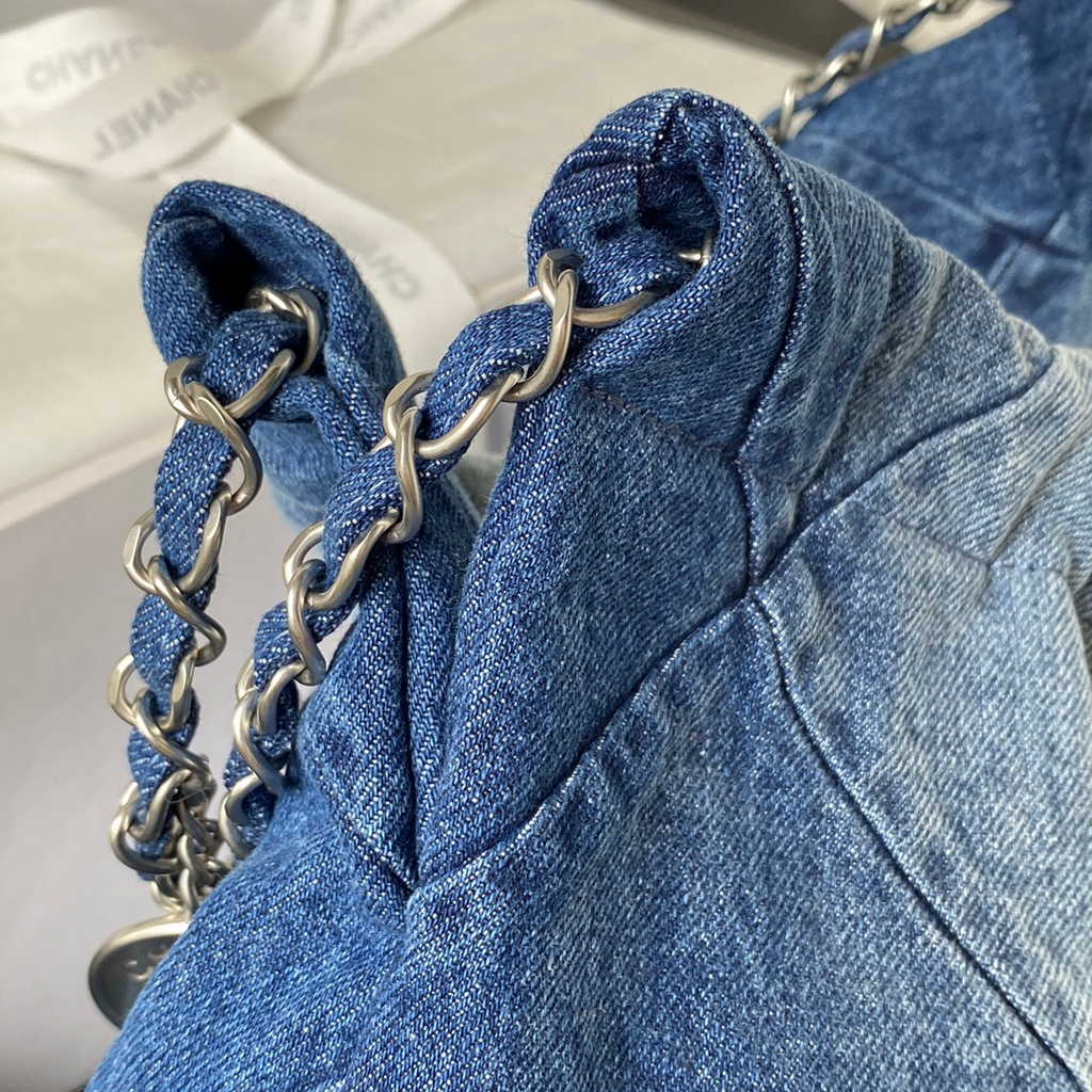 Chanel 22 Handbag AS3261 Washed Denim Light Blue