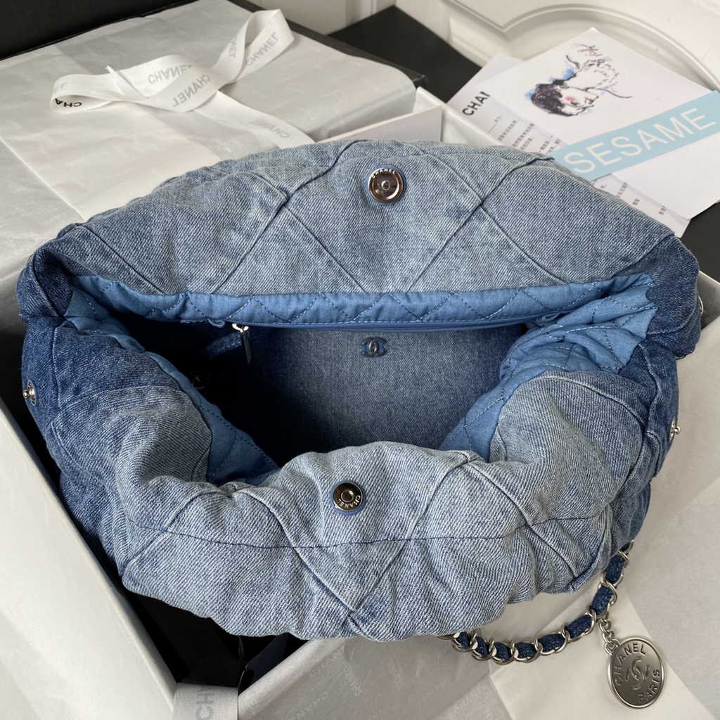 Chanel 22 Handbag AS3261 Washed Denim Light Blue