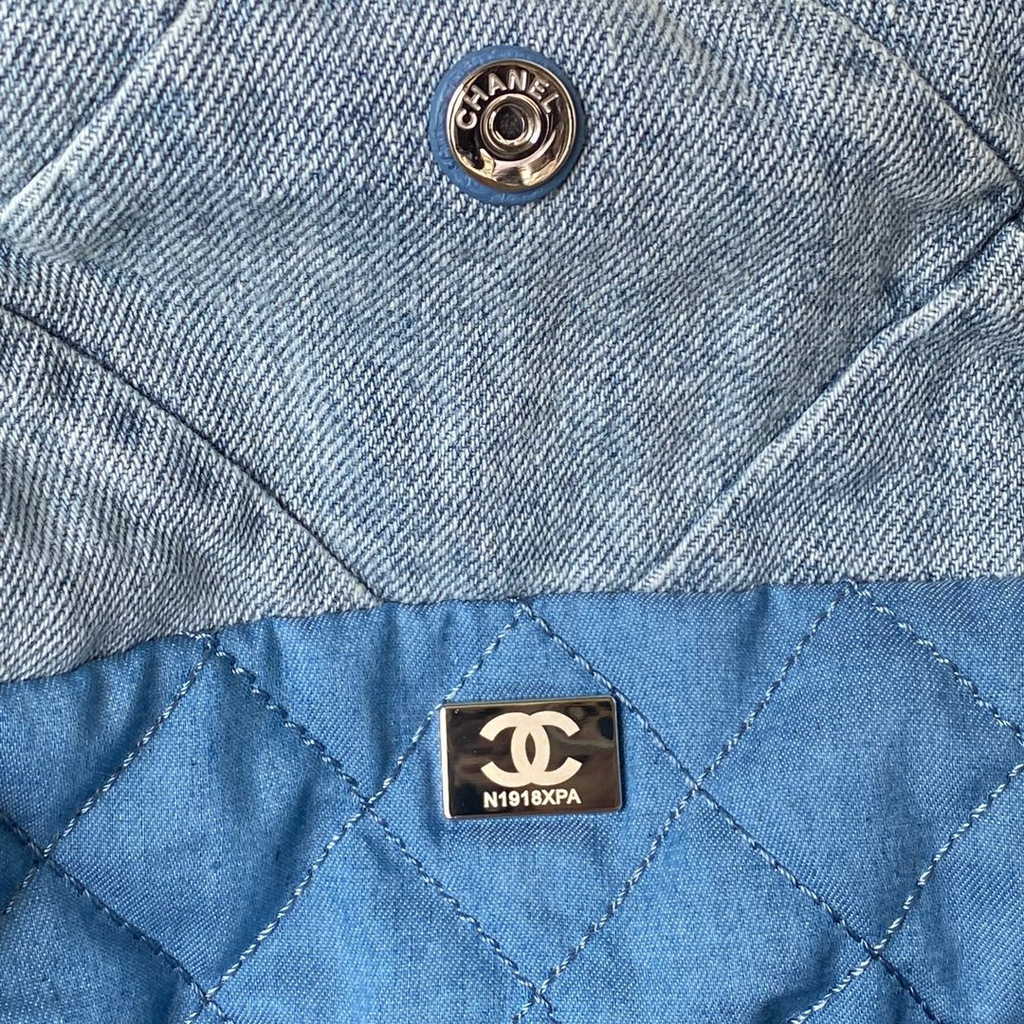 Chanel 22 Handbag AS3261 Washed Denim Light Blue