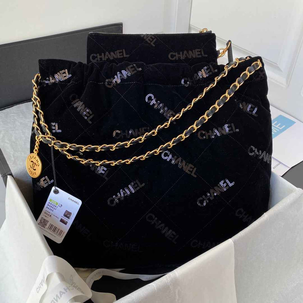 Chanel 22 Handbag AS3261 Wool Tweed Gold Metal Black Ecru
