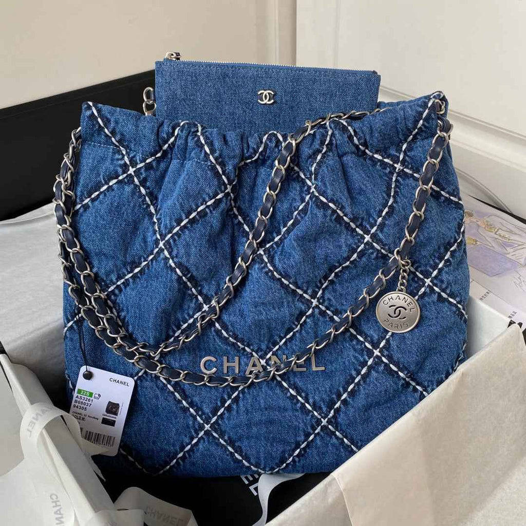 Chanel 22 Handbag AS3261 Blue Stitched Denim Silver Metal