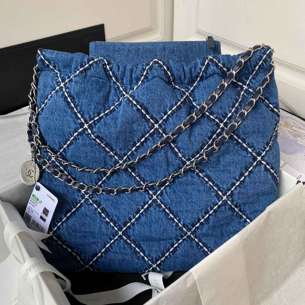 Chanel 22 Handbag AS3261 Blue Stitched Denim Silver Metal