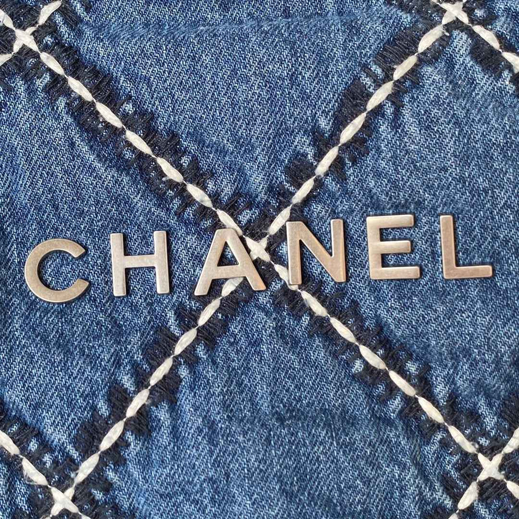 Chanel 22 Handbag AS3261 Blue Stitched Denim Silver Metal
