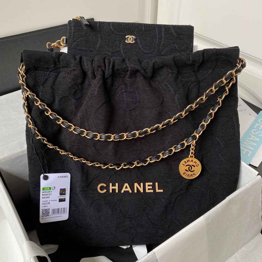 Chanel 22 Handbag AS3261 Black Denim Gold Metal