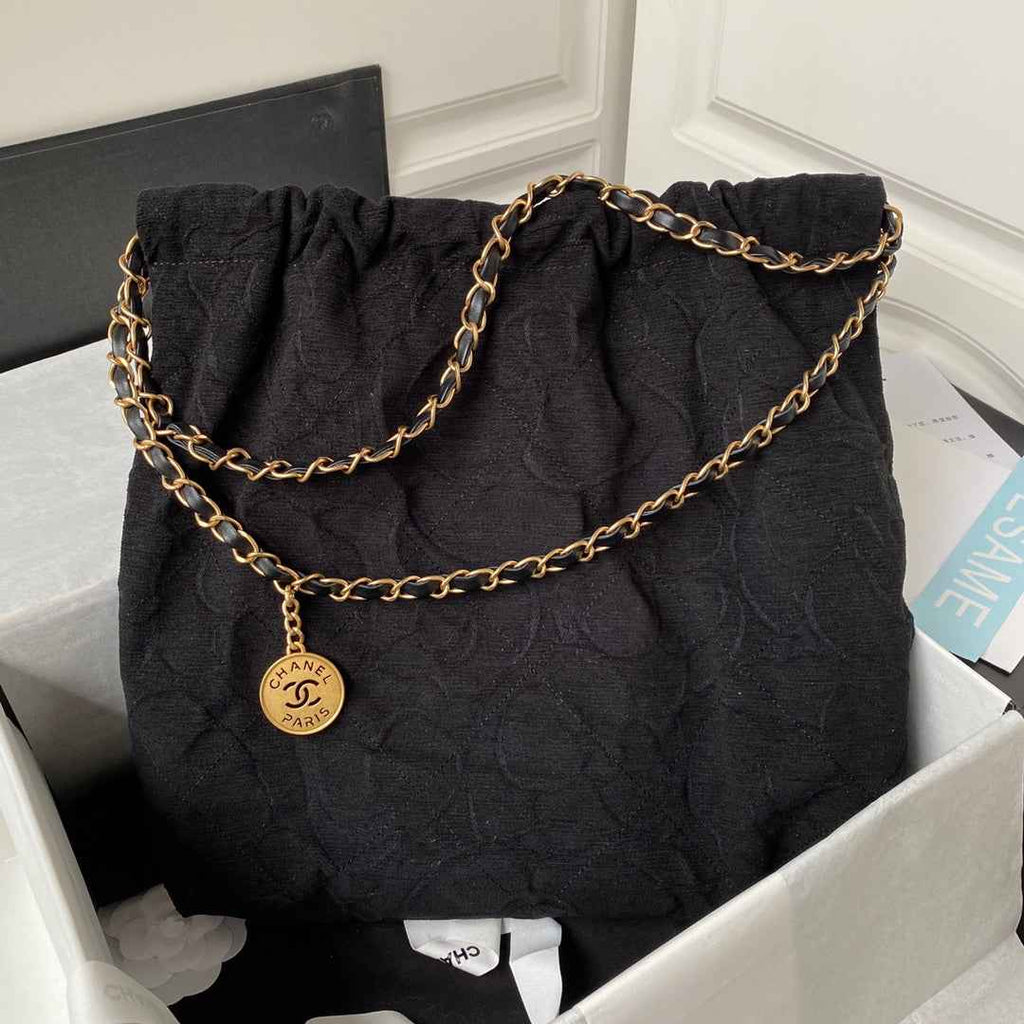 Chanel 22 Handbag AS3261 Black Denim Gold Metal