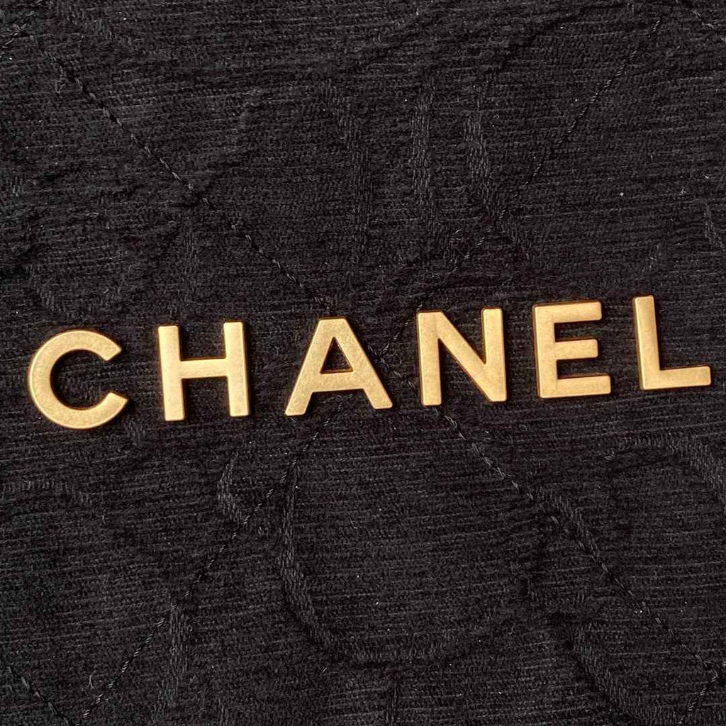 Chanel 22 Handbag AS3261 Black Denim Gold Metal
