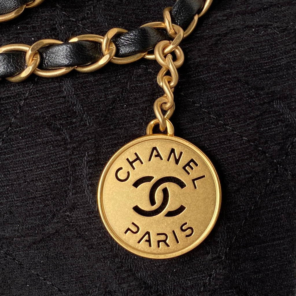 Chanel 22 Handbag AS3261 Black Denim Gold Metal