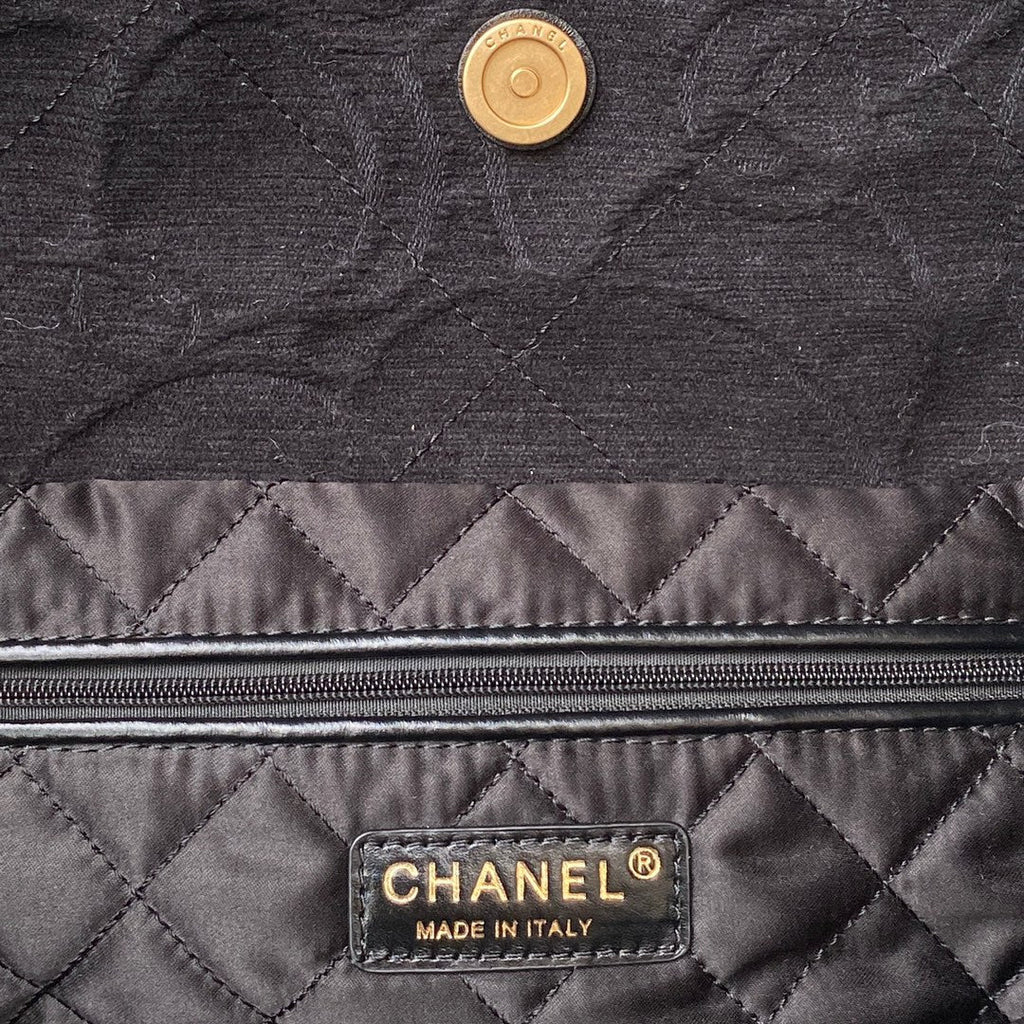 Chanel 22 Handbag AS3261 Black Denim Gold Metal