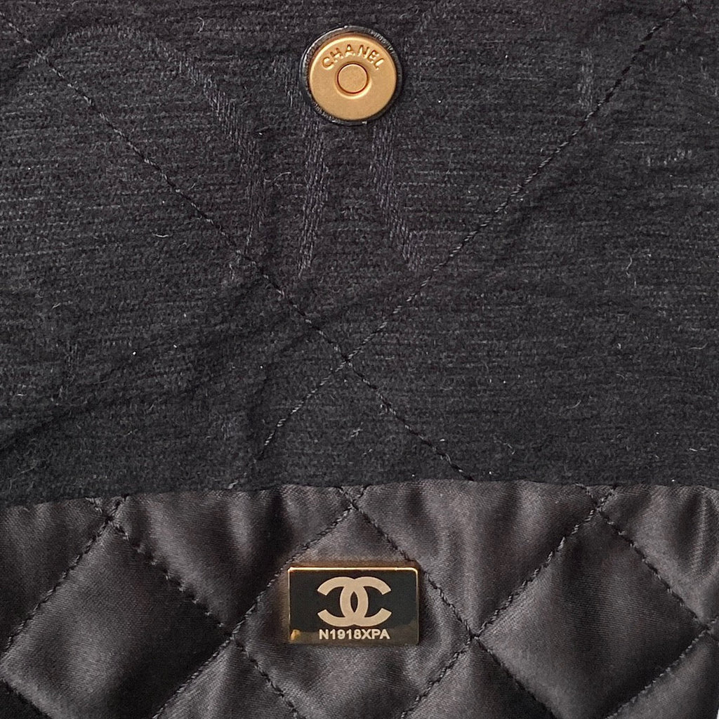 Chanel 22 Handbag AS3261 Black Denim Gold Metal