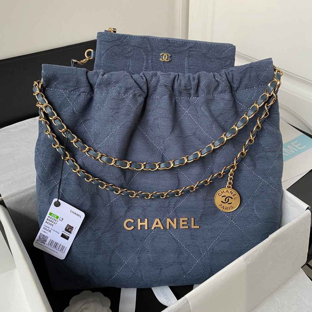 Chanel 22 Handbag AS3261 Blue Denim Gold Metal