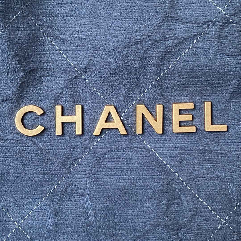 Chanel 22 Handbag AS3261 Blue Denim Gold Metal