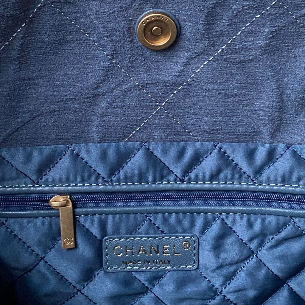 Chanel 22 Handbag AS3261 Blue Denim Gold Metal
