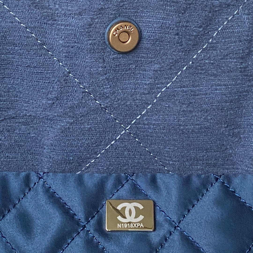 Chanel 22 Handbag AS3261 Blue Denim Gold Metal
