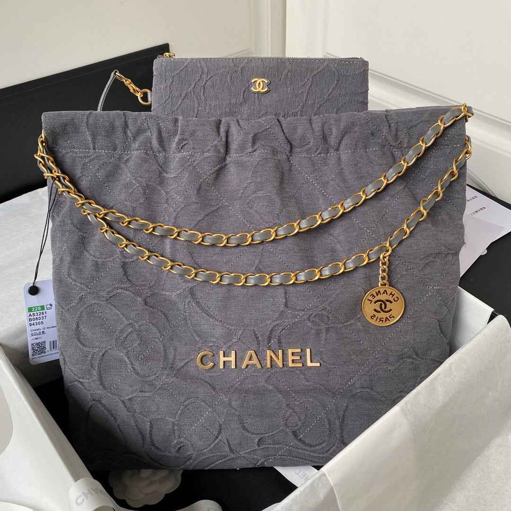 Chanel 22 Handbag AS3261 Gray Denim Gold Metal