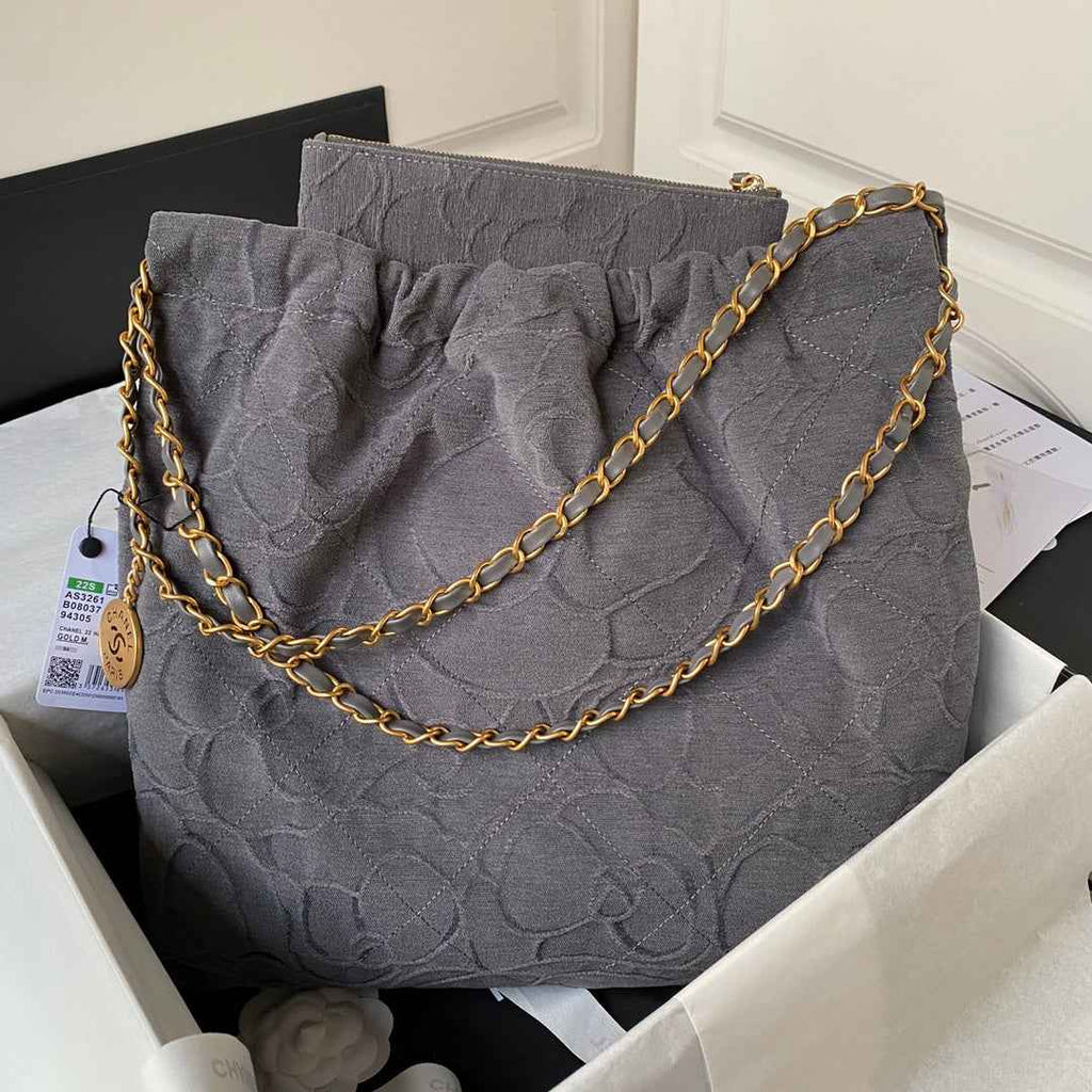 Chanel 22 Handbag AS3261 Gray Denim Gold Metal
