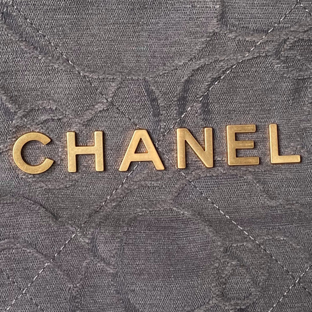 Chanel 22 Handbag AS3261 Gray Denim Gold Metal