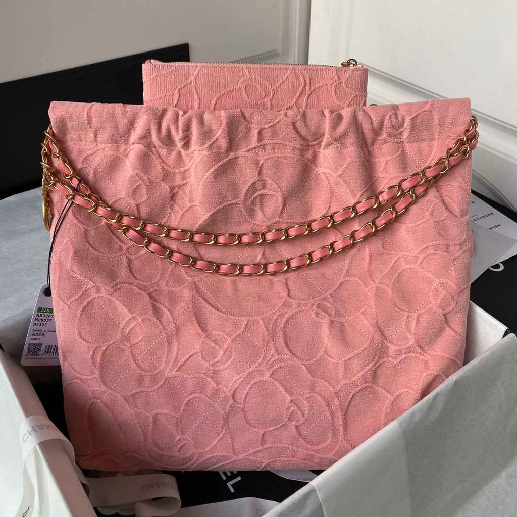 Chanel 22 Handbag AS3261 Pink Denim Gold Metal