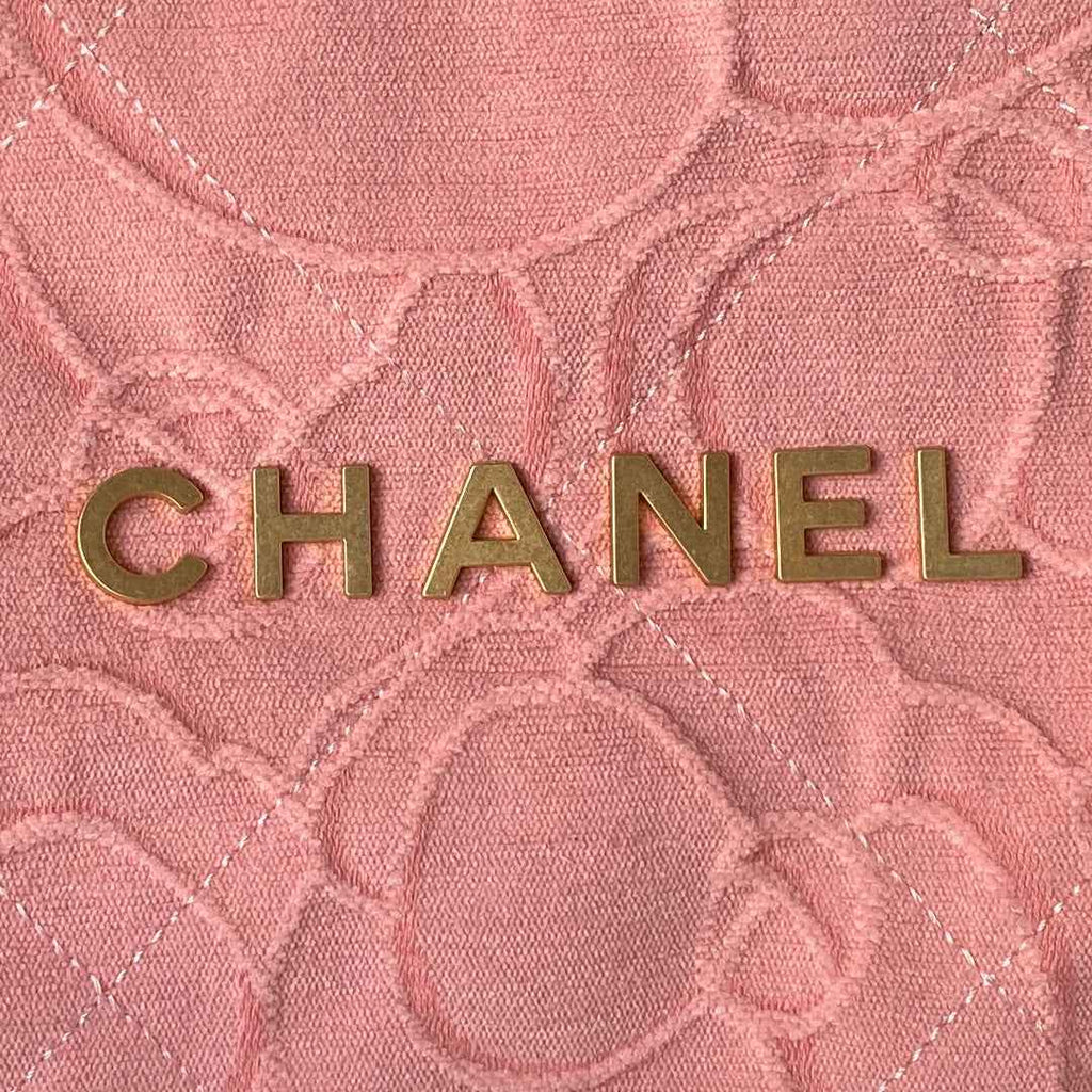 Chanel 22 Handbag AS3261 Pink Denim Gold Metal