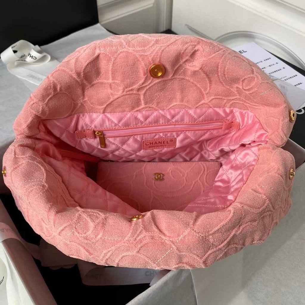 Chanel 22 Handbag AS3261 Pink Denim Gold Metal