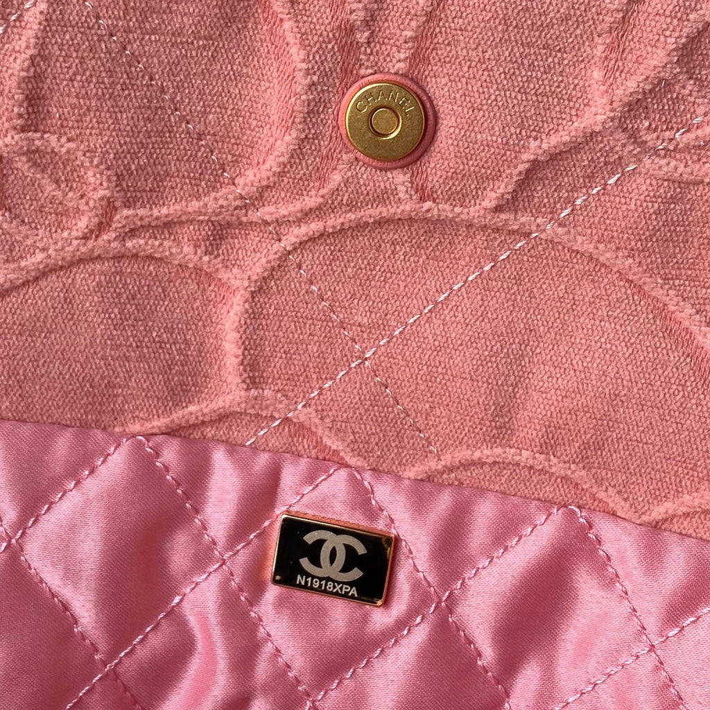 Chanel 22 Handbag AS3261 Pink Denim Gold Metal