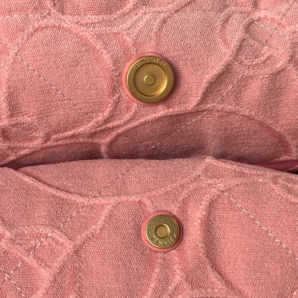 Chanel 22 Handbag AS3261 Pink Denim Gold Metal
