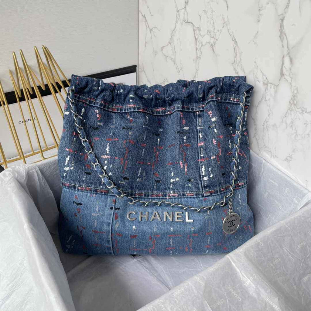 Chanel 22 Handbag AS3261 Blue Denim