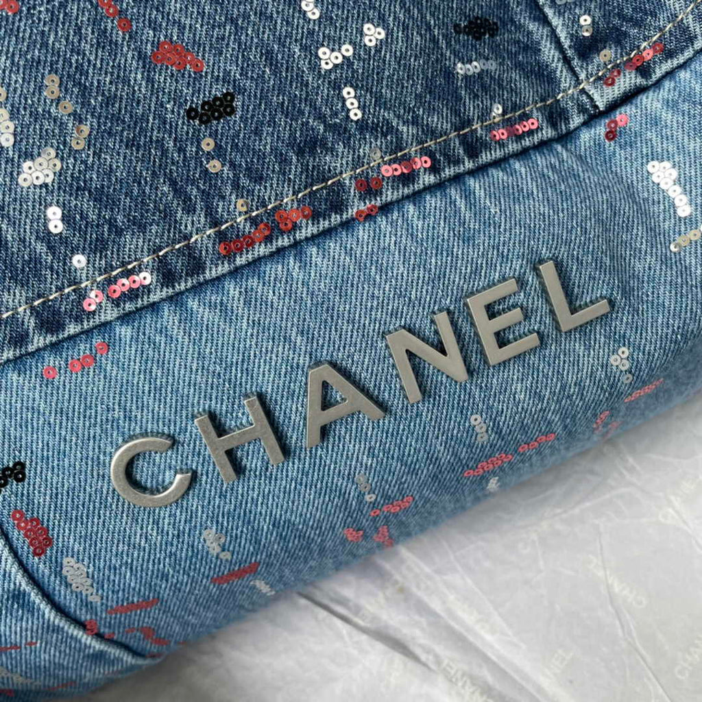 Chanel 22 Handbag AS3261 Blue Denim