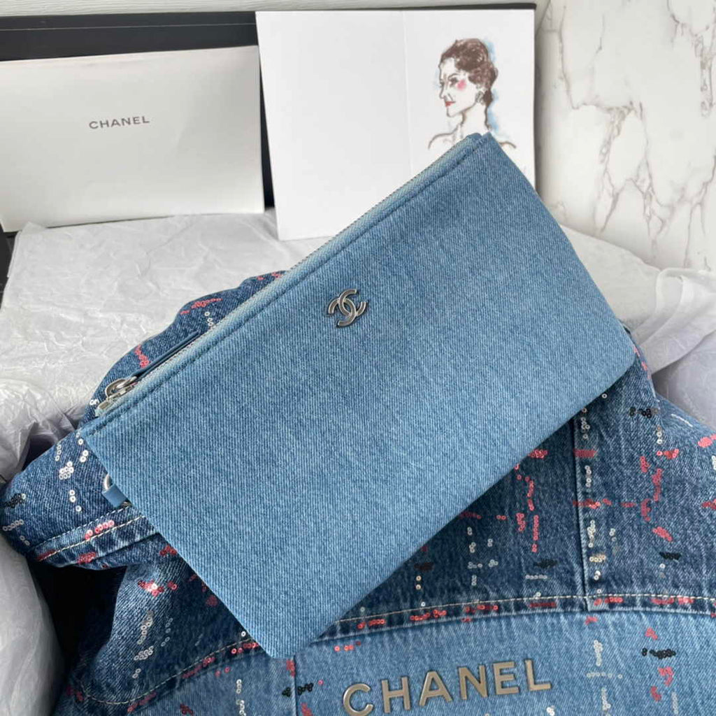 Chanel 22 Handbag AS3261 Blue Denim