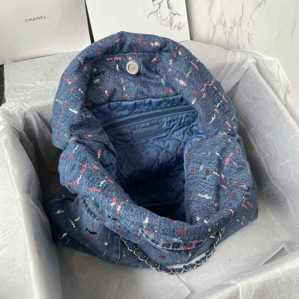 Chanel 22 Handbag AS3261 Blue Denim
