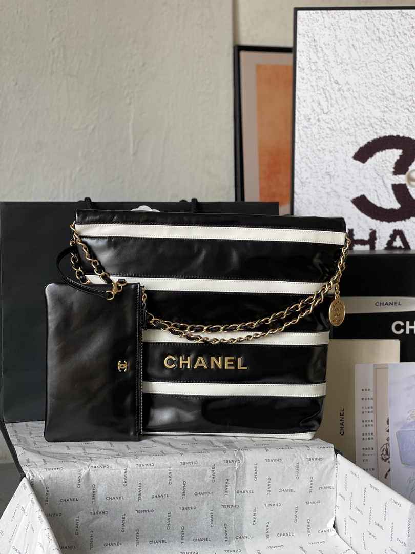 Chanel 22 Handbag AS3261 Black White Calfskin