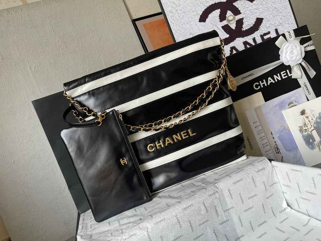 Chanel 22 Handbag AS3261 Black White Calfskin
