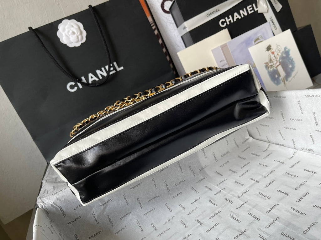 Chanel 22 Handbag AS3261 Black White Calfskin