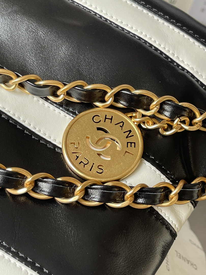 Chanel 22 Handbag AS3261 Black White Calfskin