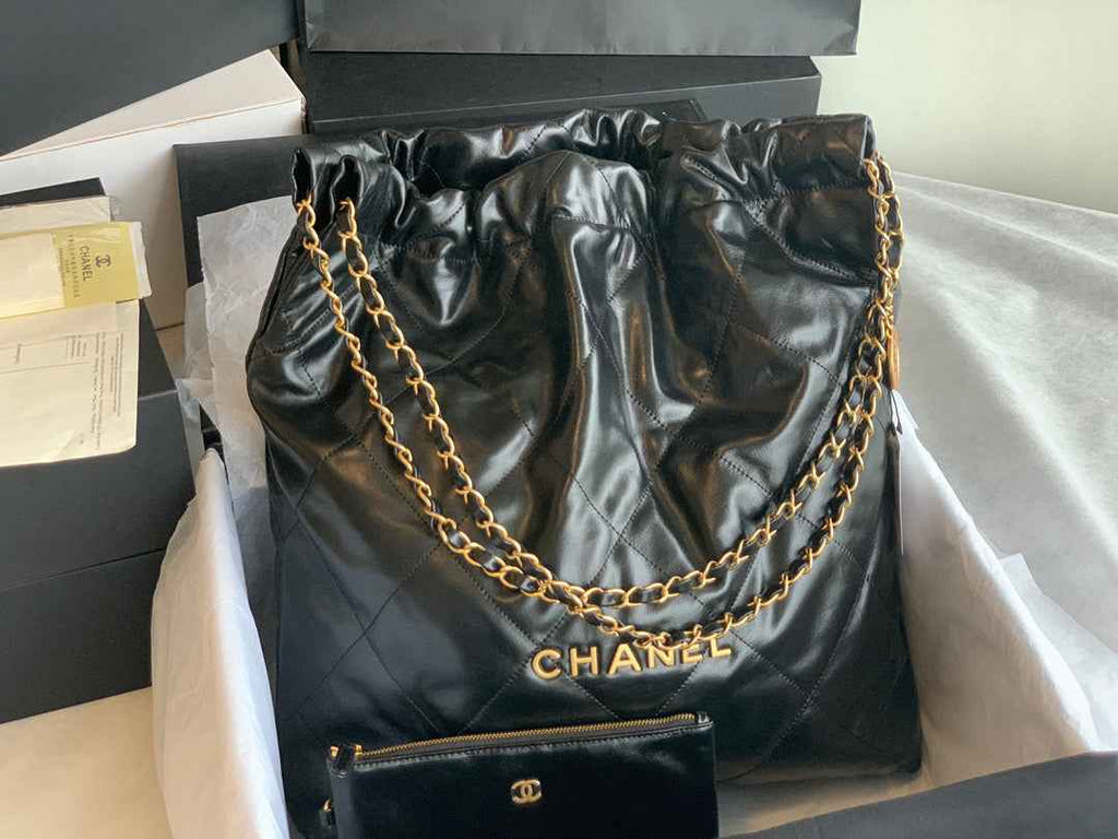 Chanel 22 Large Handbag AS3262 Shiny Calfskin Gold-Tone Metal Black