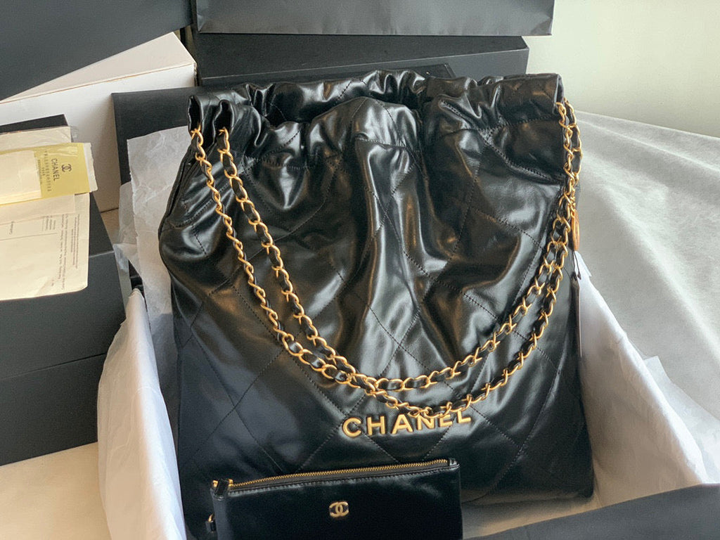 Chanel 22 Large Handbag AS3262 Shiny Calfskin Gold-Tone Metal Black