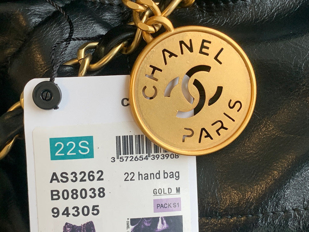 Chanel 22 Large Handbag AS3262 Shiny Calfskin Gold-Tone Metal Black